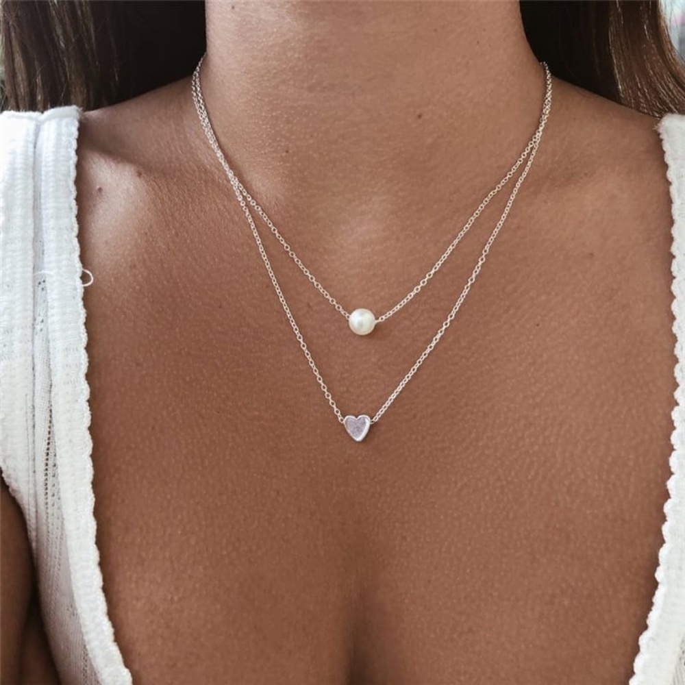 *CLIODHNA* Silver x Pearl Heart Pendant Fashion Necklace